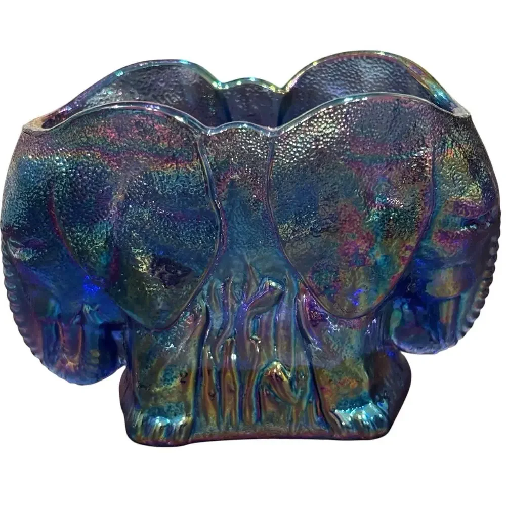 Summit Art Glass Elephant Toothpick Holder Blue Carnival Iridescent Stickered